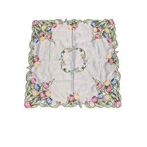 Square Floral Embroidered Multicolor Tulip Border Design Ivory Fabric Tablecloth